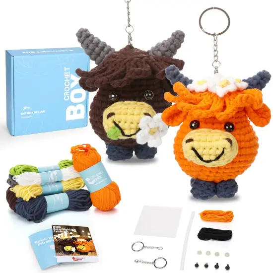 Crochet Kit for Beginners - 2 PCS Highland Cow Keychain Crochet Kit, Learn to Crochet, Include Easy Knitting Yarn, Step-by-Step Video Tutorial, Hook, Holiday Birthday Gift for Adults {2}