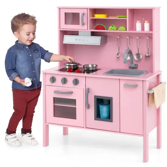 Costway Kids Kitchen Playset Wooden Pretend Play Chef Toy with Microwave & Accessories Pink/White {1}