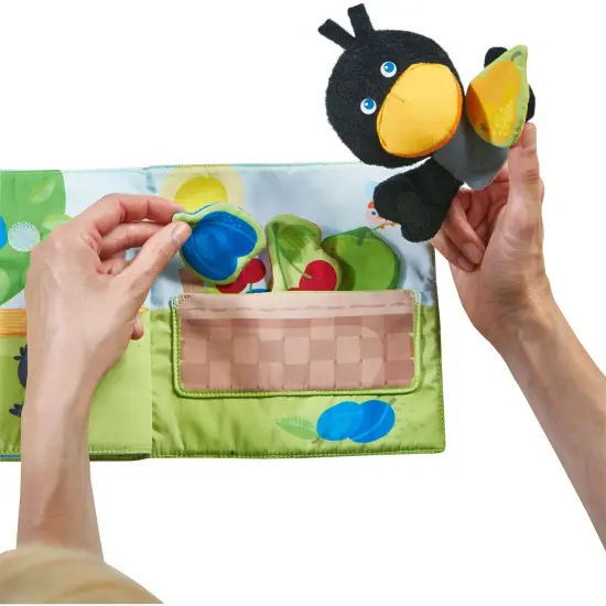 HABA Baby Soft Book and Interactive Busy Book for Babies 6-12 Months, Orchard Theme with Raven Finger Puppet and Fruit Basket Multicolor {4}
