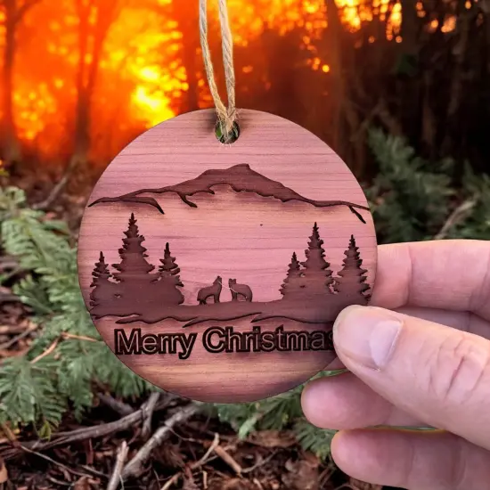 Merry Christmas Howling Wolves - Raw Cedar Ornament 3x3in {5}