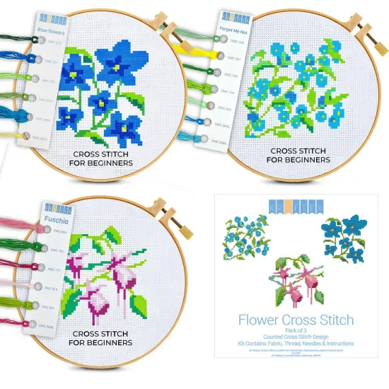 Floral Stamped Cross Stitch Kits for Beginners - 3 Pack. DIY Embroidery Needlepoint Patterns for Adults and Kids. Easy Cross Stitch Kits for Beginners (Blue Flowers, Forget Me Not & Fuschia) {1}