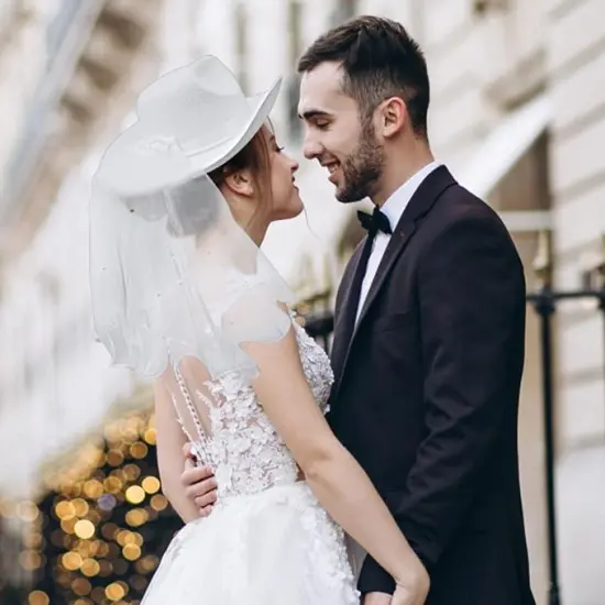 4E's Novelty Bride Cowgirl Hat with Veil & Sash - Women White Cowboy Hat Bachelorette Party, Bridal Shower Dress Up {5}