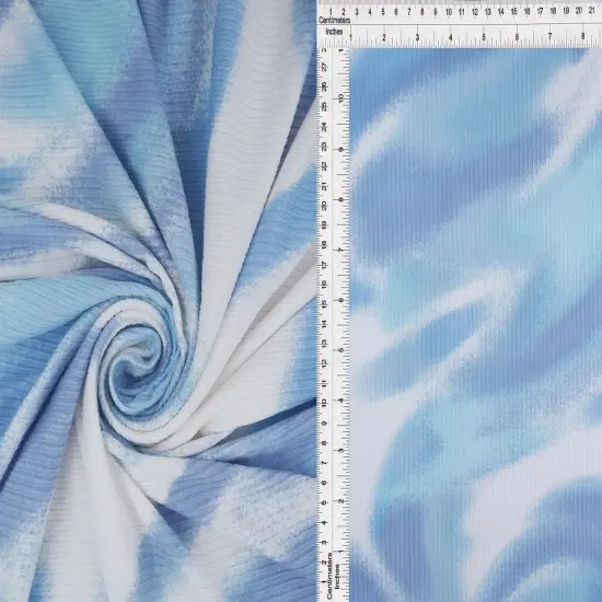4x2 Yummy Rib Abstract Marble Fabric Stretch Knit Watercolor Print, 58/60" Wide WHITE/BLUE {6}