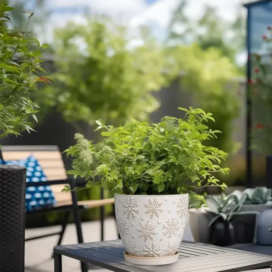 6.9 Inch Ceramic Planter with Drainage Hole and Saucer (Snowflakes White) {2}