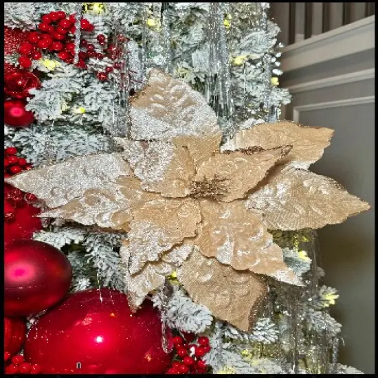 Extra Large Champagne Velvet Glittered Poinsettia Christmas Flower Set of 3 {5}