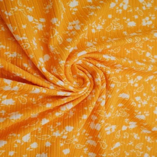 1 Yard Yellow Mango Ditsy Paisley Floral Yummy Rib Knit Fabric 4x2 Soft Stretch 58/60" Wide {1}