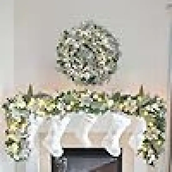 Silver White Christmas Ball Ornaments and Poinsettia FlowersDecorated Garland {3}