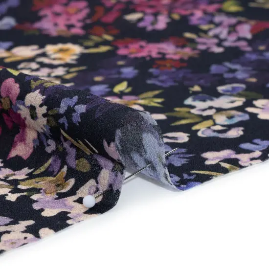 1 Yard Sonnet for Summer Cotton Crepe Fabric Navy Magenta Indigo Watercolor Flowers 53 inch Width {2}