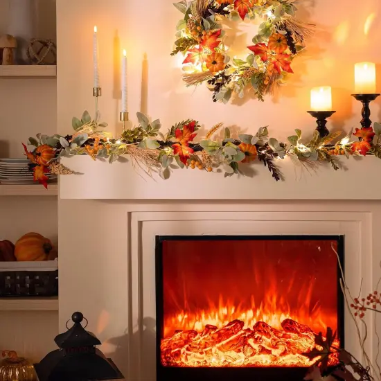 5ft Silk Lambs Ear Pumpkins Garland with Lights ,Fall Leaves Garlands for Mantle {4}