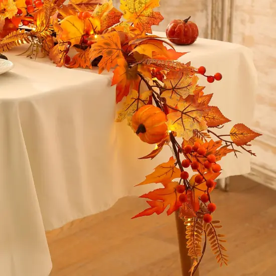 6ft Fall Maple Leaves Garland with Fern, Willow Stems, Berry, Pumpkins, pinecones {5}