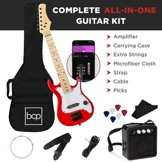Best Choice Products 30in Kids Electric Guitar Beginner Starter Kit w/ 5W Amplifier, Strap, Case Metallic Red {4}