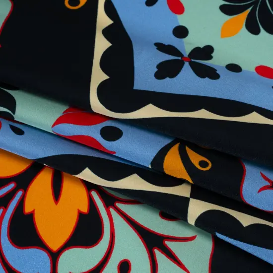 1 Yard Midnight Navy, Mint & Country Blue Fancy Floral Tiles Silk Charmeuse 16MM, 53" Wide {3}