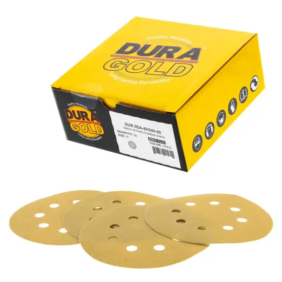 240 Grit - 5" Gold DA Sanding Discs - 8-Hole Pattern Hook and Loop - Box of 50 {1}