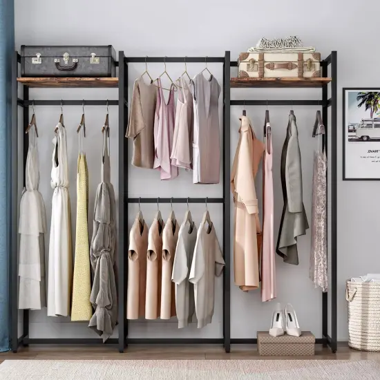 Black Metal Garment Rack with Wood Shelves and Space-Saving Design {3}