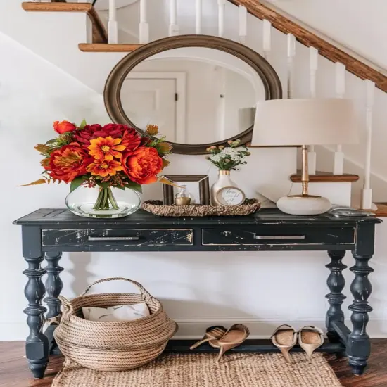 Fake Peony Flowers in Vase Fall Table Centerpiece - Orange Round Glass {3}