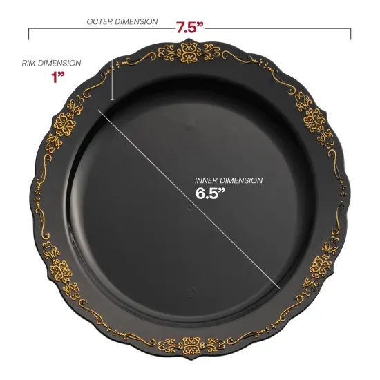 Black with Gold Vintage Rim Round Disposable Plastic Appetizer/Salad Plates - 7.5" (120 Plates) {3}