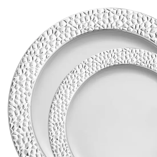 White with Silver Hammered Rim Plastic Dinnerware Value Set (120 Guests) {1}