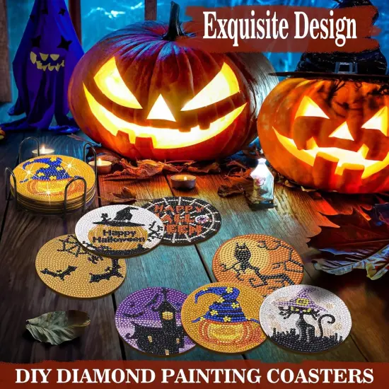 8 PCS Halloween Diamond Art Coasters, DIY Horror Diamond Painting Coasters {3}