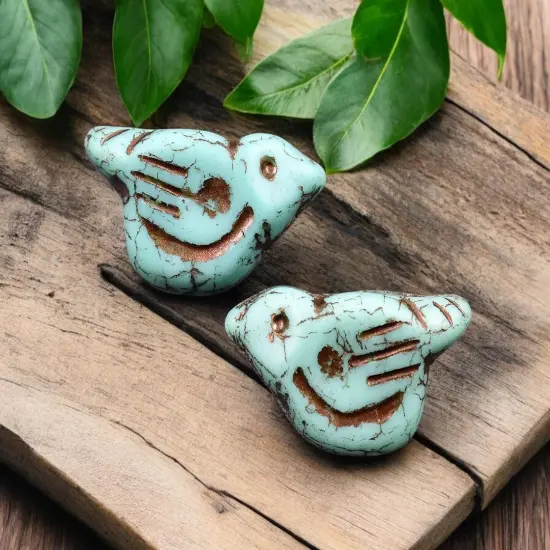 *6* 11x22mm Dark Bronze Washed Opaque Matte Turquoise Bird Beads {1}