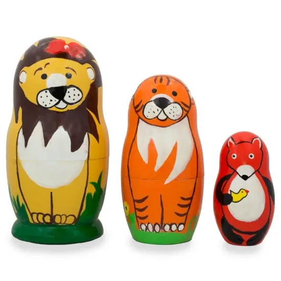 Set of 3 Lion, Tiger, and Fox Wooden Nesting Dolls 4.25 Inches {1}
