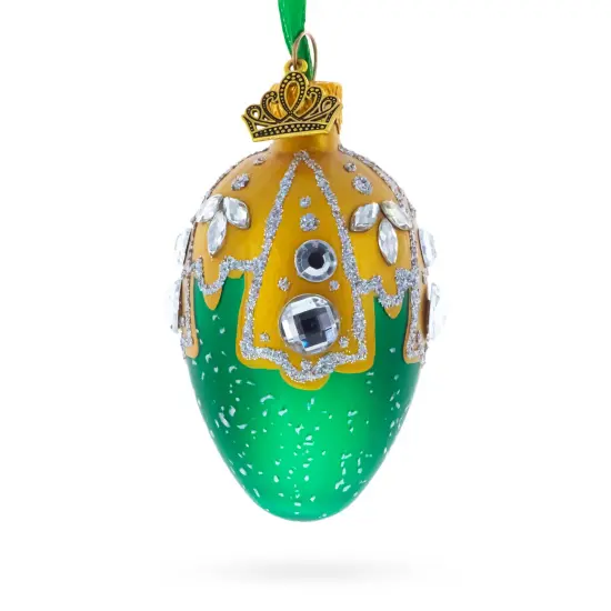 Green with Gold and Clear Jewel Accents Mini Glass Egg Ornament 2.9 Inches {1}
