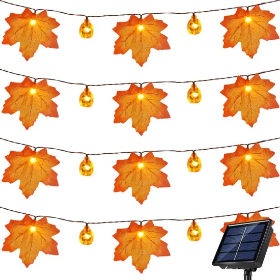 Fall Decor Solar Pumpkin Maple Leaf String Lights Outdoor {1}