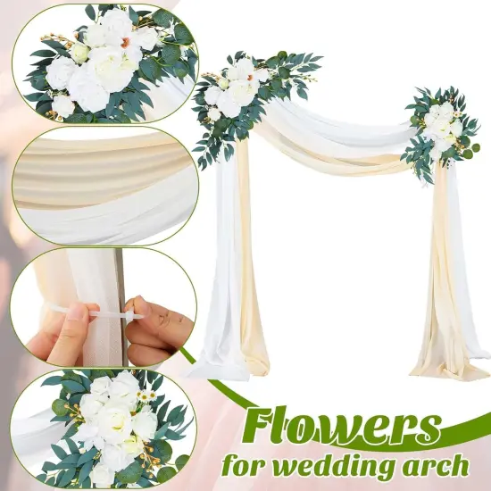 4 Pcs Wedding Arch Flowers and Drape Kit Include 2 Artificial Floral Swag and 2 White Chiffon Drapes {2}