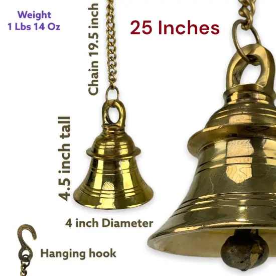 Hanging Brass Bell Hindu Religious Temple Pooja Ghanti with Chain Indian Mandir Decor Wall Mounted Temple Ghanta Ritual Outdoor Indoor Jingle Bell Housewarming Gift {5}