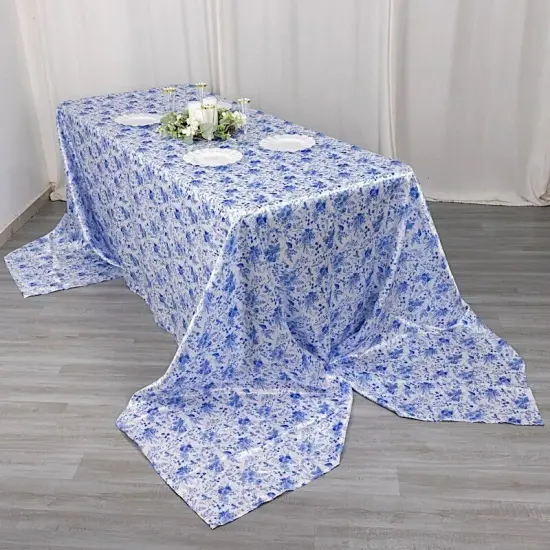90" x 156" White Blue Floral Satin Rectangular Tablecloth Party Home Decorations {3}