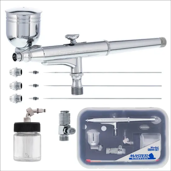 Master Elite SB844 Set Multi-Purpose Dual-Action Side Feed Airbrush with 3 Nozzle Sets (0.2, 0.3 & 0.5mm), Side & Siphon Cups {1}