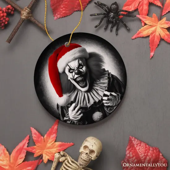 Sinister Santa Clown Ceramic Ornament, Eerie Christmas Decoration for Halloween Tree Circle {5}