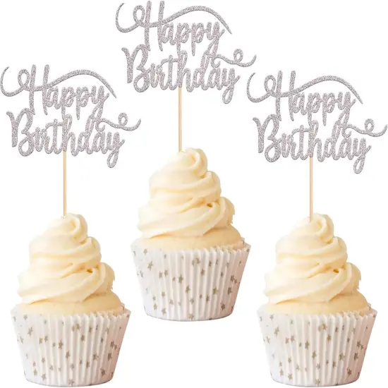 24 Pack Happy Birthday Cupcake Toppers Glitter Birthday Cupcake Food Picks for Celebrating Happy Birthday Party Cake Decorations Supplies Silver {1}