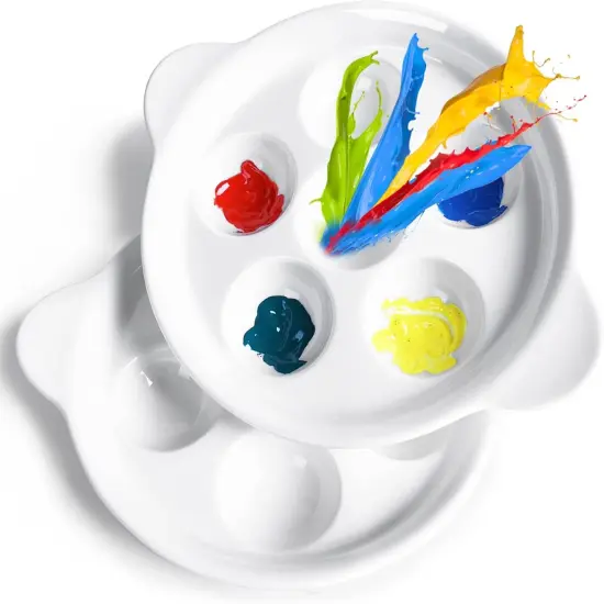 Ceramic Artist Paint Palette, 6.5 Inch Watercolor Palette with 6 Holes and Handles, Mixing Tray for Gouache Painting, Tempera Painting, Easy to Clean White, 2 Pack {5}