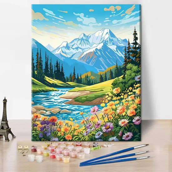 Landscape Paint by Number Kit, Water of The River Flowers and Mountains Paint by Numbers with Brushes and Pigment for Home Wall Decoration {1}