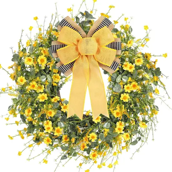 2 PCS Spring Summer Wreath Bow Decor,Decorative Bow with Yellow Burlap and Black White Stripe Ribbon for Holiday Tree Topper Home Front Door Outdoor {5}