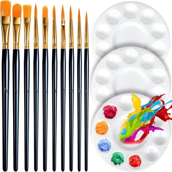 Round Paint Tray Palettes and Paint Brushes Set, Paintbrushes, 3 PCS Plastic Paint Palettes Pallets, 10 PCS Acrylic Paint Brushes, Nylon Hair Painting Brushes, for Acrylic Oil Watercolor {1}
