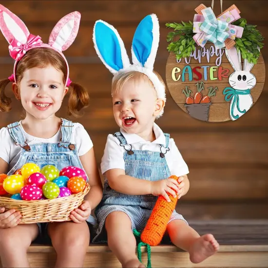 Easter Wreaths for Front Door,Easter Door Wooden Hanging Sign Happy Bunny Wreath Porch with Bow Decoration,Bunny Rabbit Spring Decorations for Home Decor (Pink) {5}