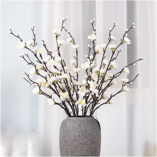 6 Pcs Artificial Plum Blossom Fake Wintersweet Long Stem Plastic Flowers Home Hotel Office Wedding Party Garden Decor 21.5'' High White {1}
