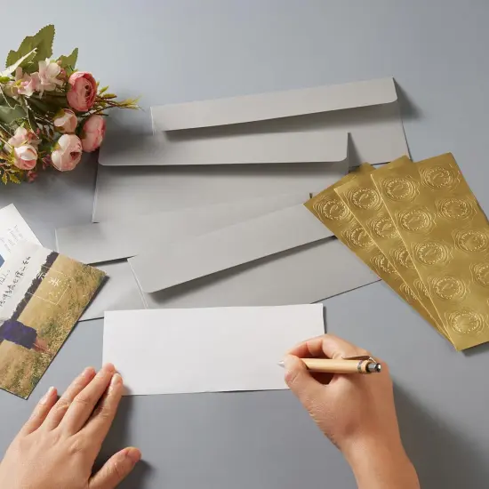 50 Pack Shiny #10 Business Envelopes Self Seal Standard Envelopes with Gold Stickers for Office Checks, Business Cards, Letter Mailing Invoices, 4.13 x 9.49 Inches (Silver) {4}