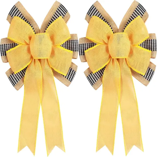 2 PCS Spring Summer Wreath Bow Decor,Decorative Bow with Yellow Burlap and Black White Stripe Ribbon for Holiday Tree Topper Home Front Door Outdoor {1}