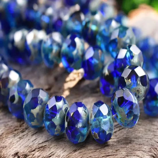Sapphire Aqua Picasso Fire Polished Rondelle Beads - 5x7mm or 6x8mm {6}