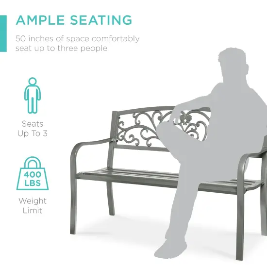 Best Choice Products Outdoor Steel Bench Garden Patio Porch Furniture w/ Floral Design Backrest Gray {5}