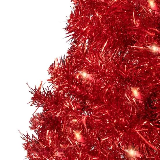 Northlight Pre-Lit Artificial Tinsel Christmas Tree - 3' - Red - Clear Lights {5}