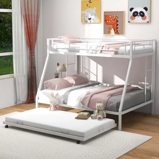 Costway Twin Over Full Metal Slats Bunk Bed Frame with Trundle, Guard Rail & Ladders White/Black {9}
