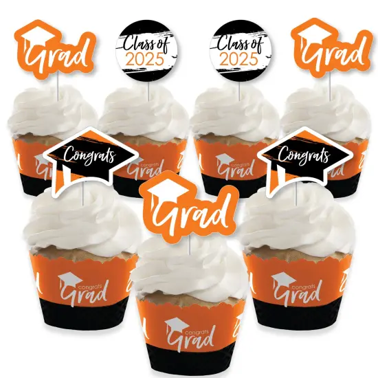 Big Dot of Happiness 2025 Orange Graduation Cupcake Decoration - Party Cupcake Wrappers and Treat Picks Kit - Set of 24 {1}