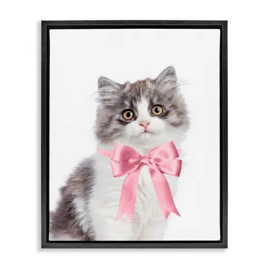 Stupell Industries Kitten with Pink Bow Framed Floater Canvas Wall Art Design by Sisi and Seb {1}