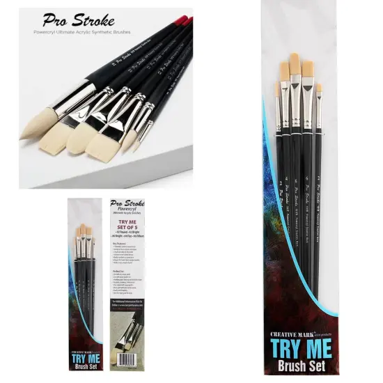 Creative Mark Powercryl Ultimate Acrylic Paint Brushes - Try Me Set of 5, Artist Paint Brushes, 3 Diameters of Synthetic Hair Filament, Fine Control of Heavy Acrylics, Water Soluble Oils, and More {5}