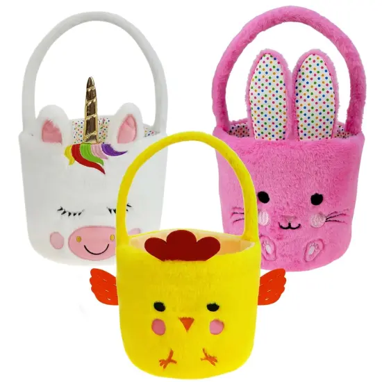 Set of 3pcs, Dia 7.9" * H 15.7", Plush Chick&Bunny&Unicorn Easter Basket Cute Easter Hunting Basket for Party Supplies Candy Gifts Storage {1}