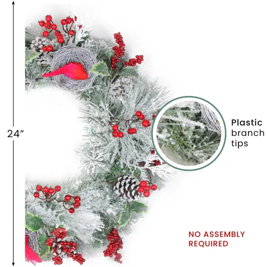Northlight Berries and Cardinals Nests Flocked Pine Artificial Christmas Wreath - 24" - Unlit Green {5}