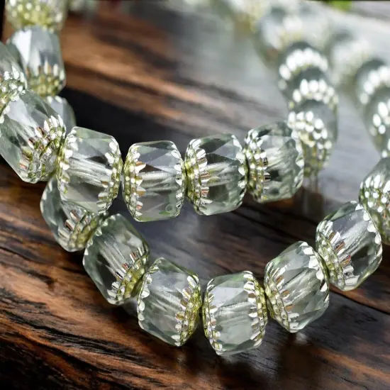 *12* 10mm Silver Washed Celadon Green Fire Polished Cathedral Beads {5}